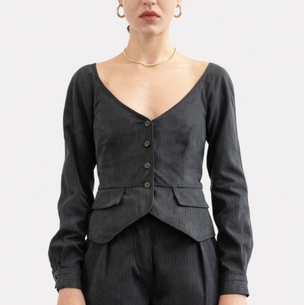 NEW MARA HOFFMAN Ava Black Tencel Linen Button Top